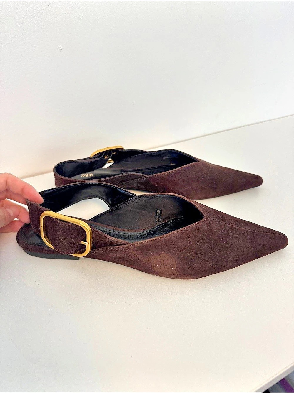 Zara Suede Flat Slingback Shoes Pointed-Toe Mules Brown EU 38